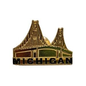 Vintage Michigan Bridge Travel Hat Lapel Pin Pinback Gold Tone. Mackinac Bridge